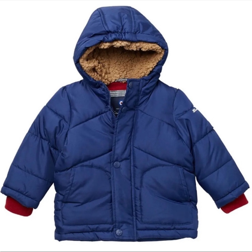 Ben Sherman Toddler Blue & Red Puffer Coat with Hood, 18M
